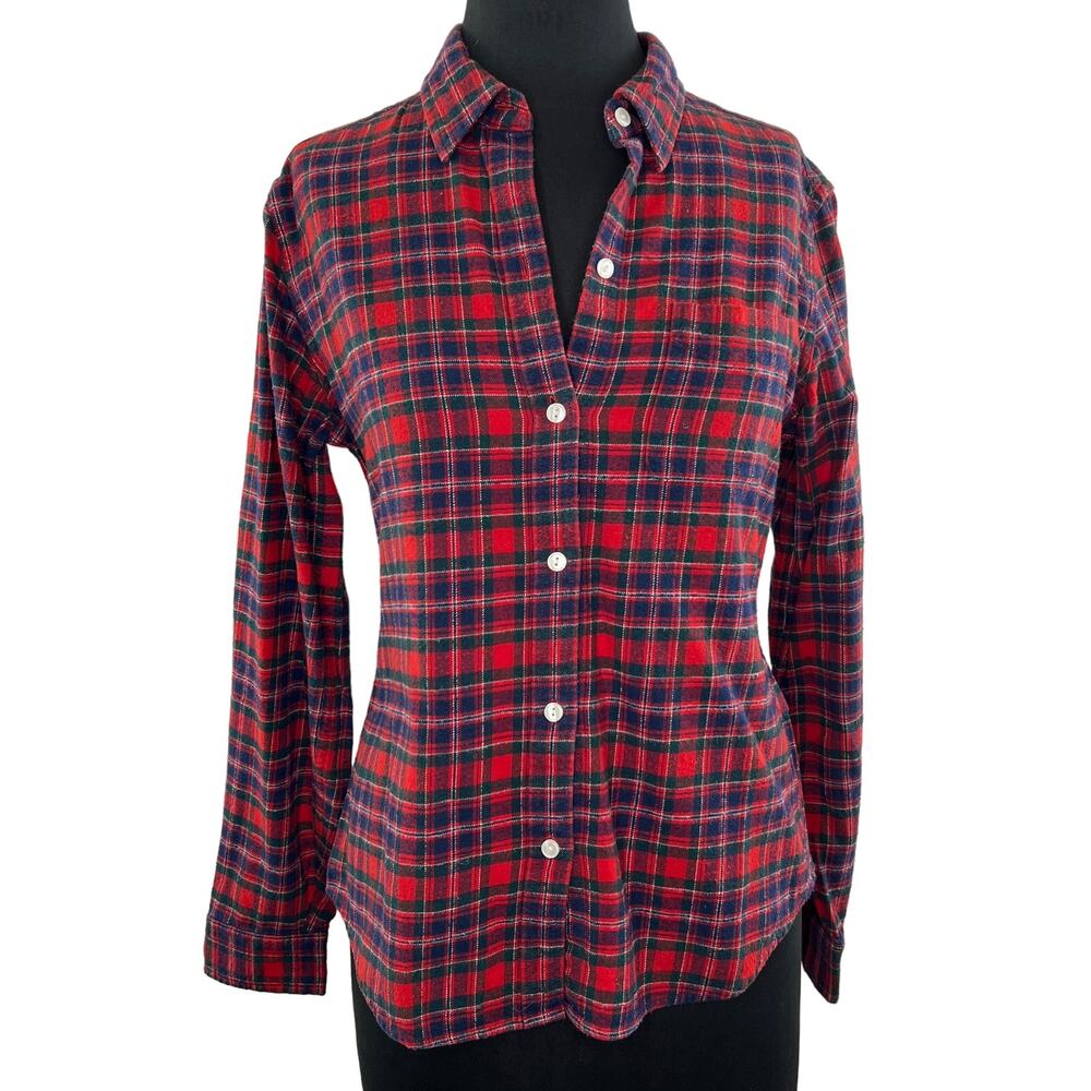 VINTAGE Lucky Brand Cotton Flannel Red Tartan Plaid Button Up Top Medium M VTG